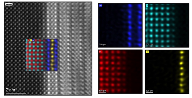 Microscopic lattice structures shown in grayscale and colorful elemental maps.